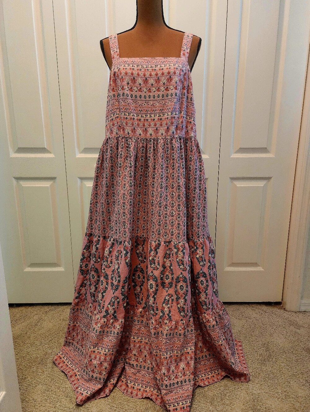 Pink Floral Paisley Romantic Cottagecore Tiered Maxidress/ Smocked Bodice